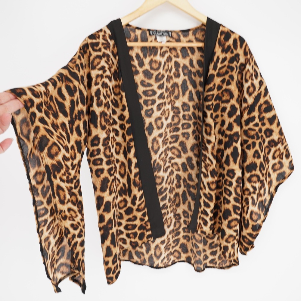 Womens Blouse XL  Brown Leopard Kimono Sheer Lightweight Open Bell Sleeve Y2K